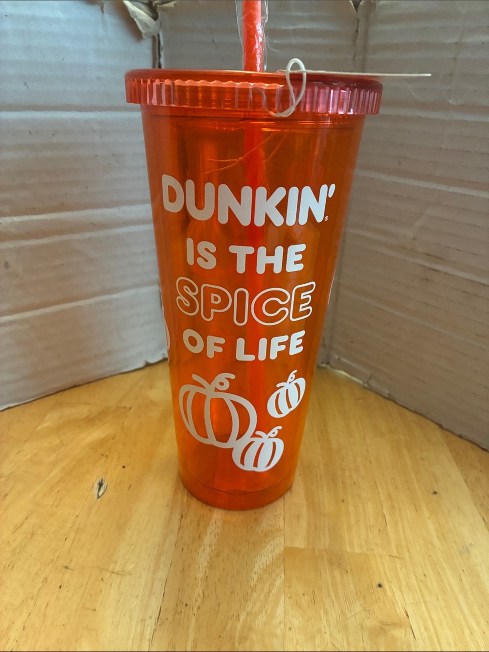 Dunkin Orange 'Spice of Life' Pumpkin Tumbler with Straw glows in dark 24oz NWT